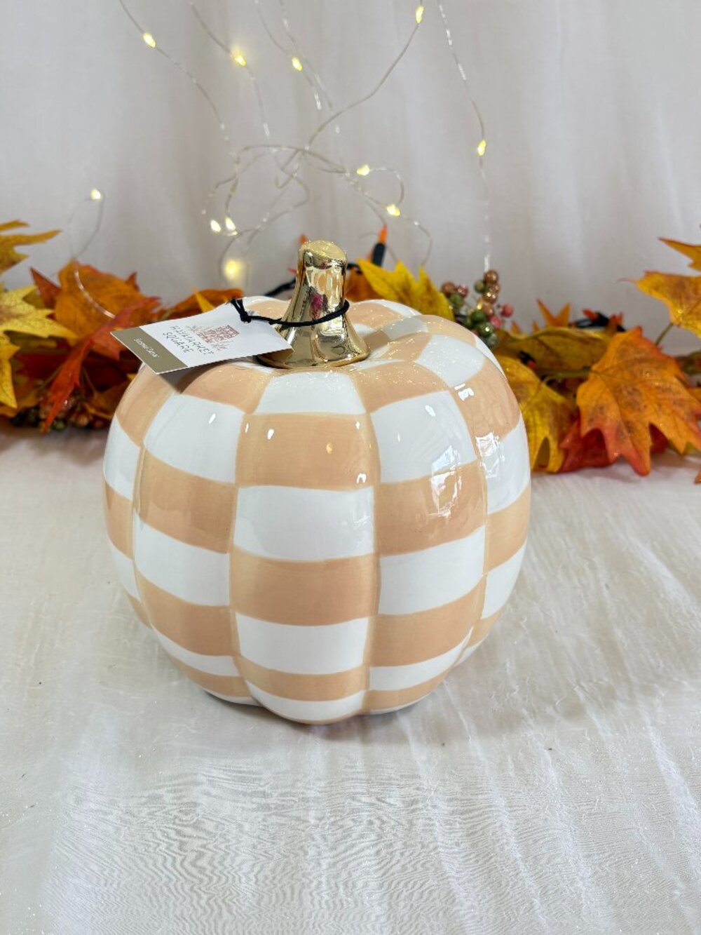 Mackenzie Style Tan White Check Ceramic Pumpkin Fall Halloween Gold Stem New